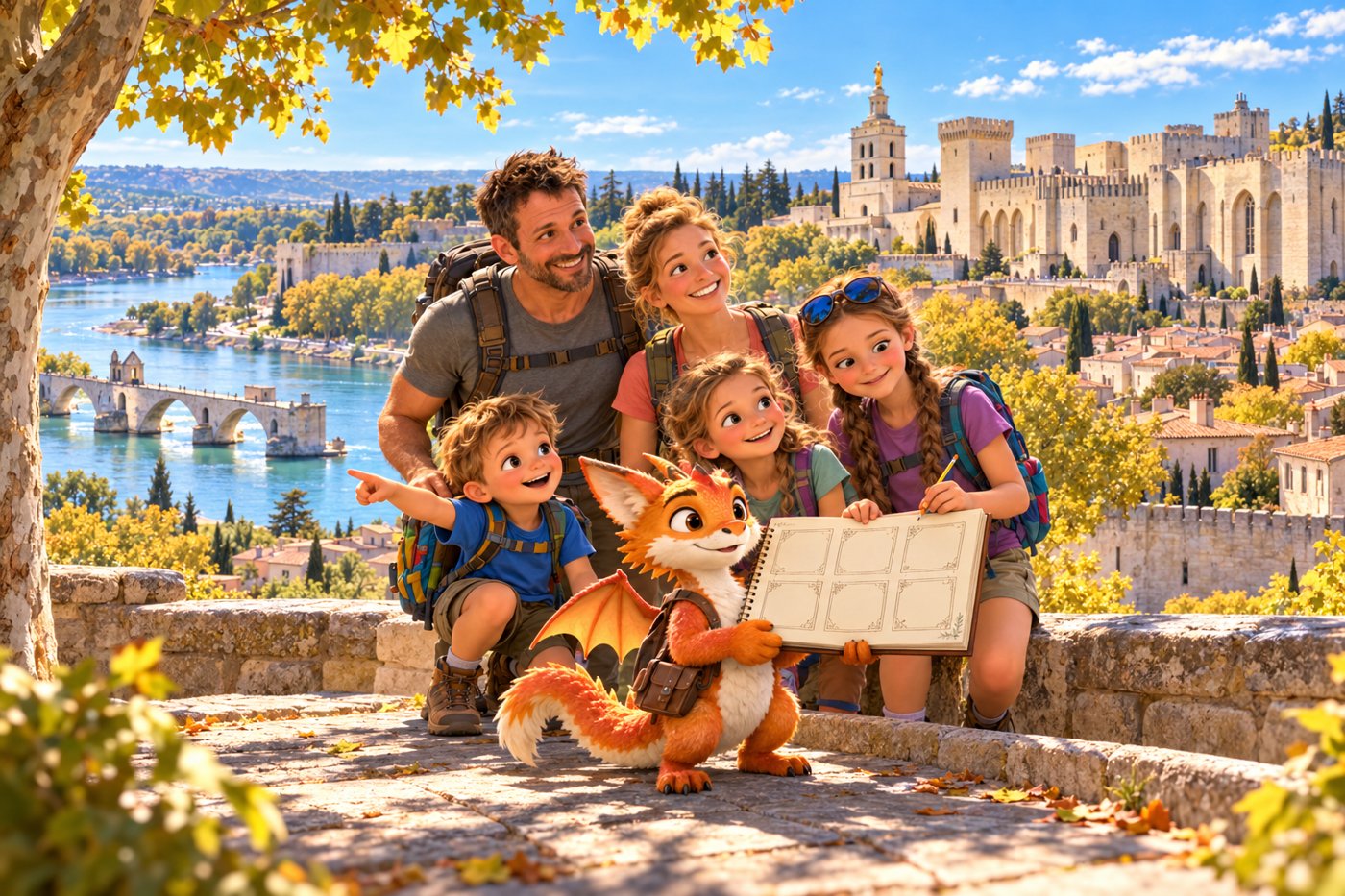 La famille des Curieux et Harry explorent une Avignon illustrée