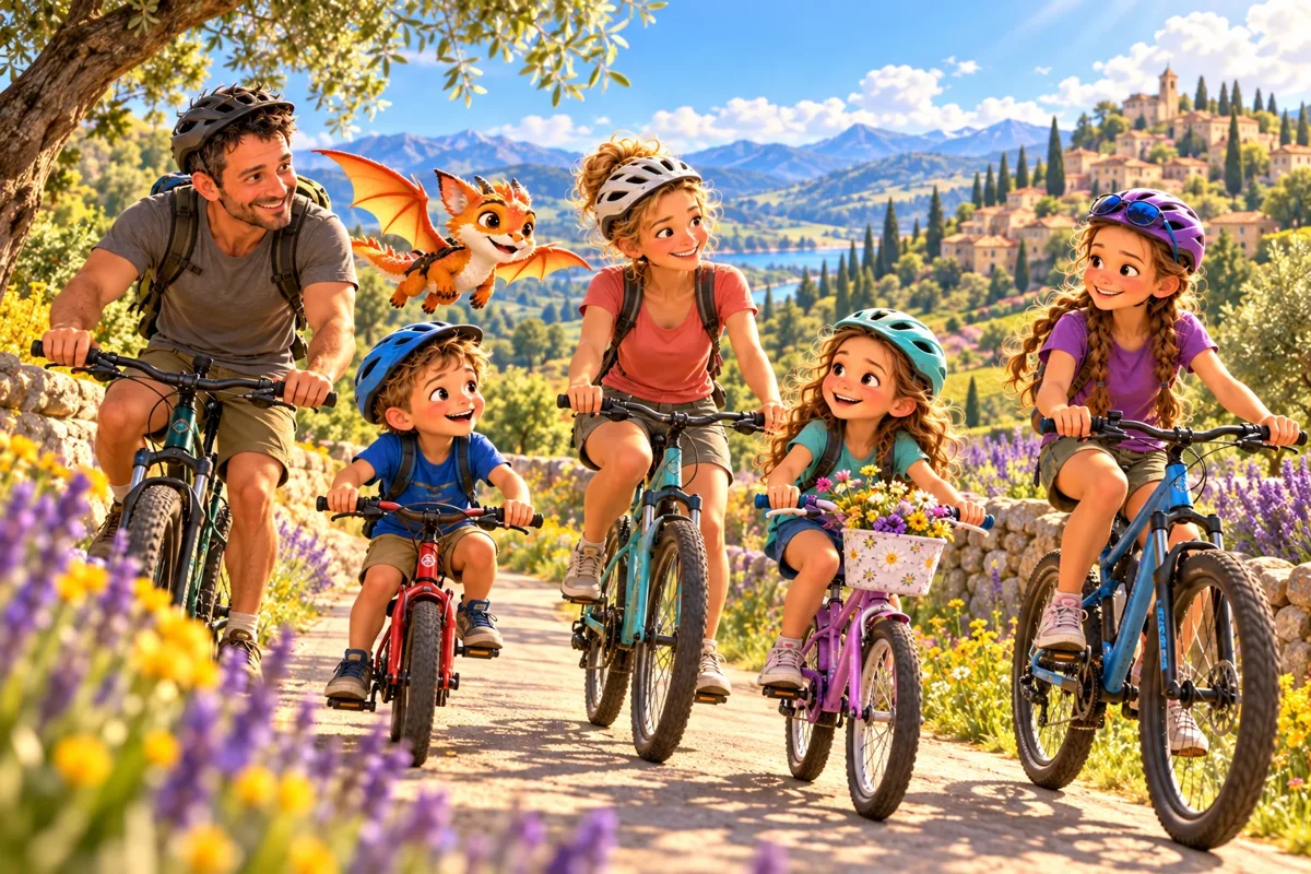 La famille des Curieux et Harry parcourent une piste à vélo dans un paysage ensoleillé.