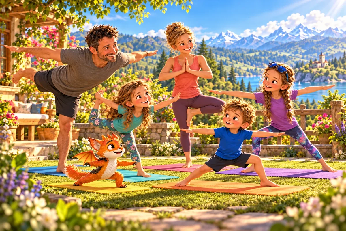 Les cinq membres de la famille des Curieux et Harry font du yoga dans un jardin fleuri.