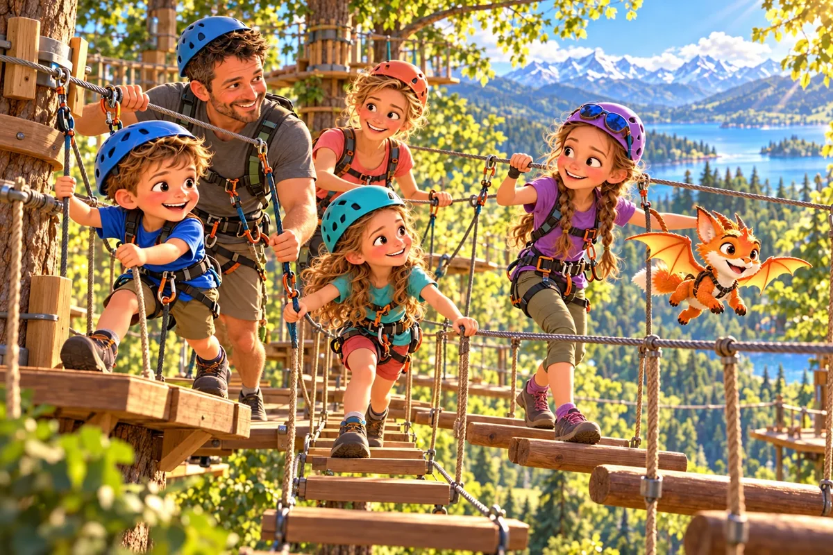 La famille des Curieux traverse un parcours accrobranche avec Harry parmi les arbres.