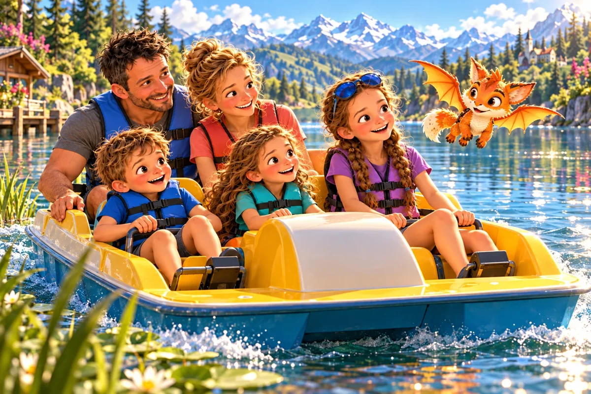 La famille des Curieux navigue en pédalo sur un lac avec Harry.