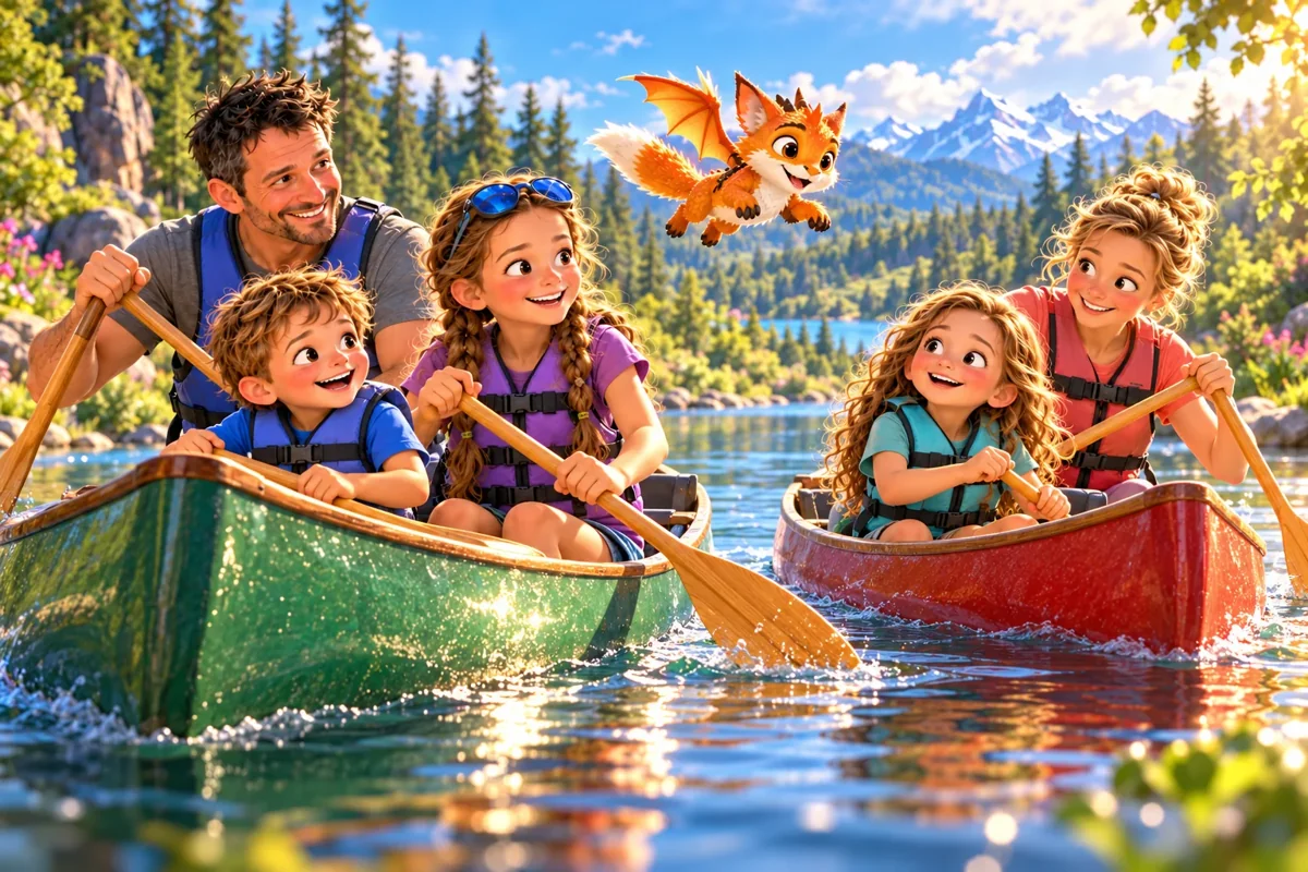 La famille des Curieux avance dans deux canoës sur une rivière calme avec Harry.