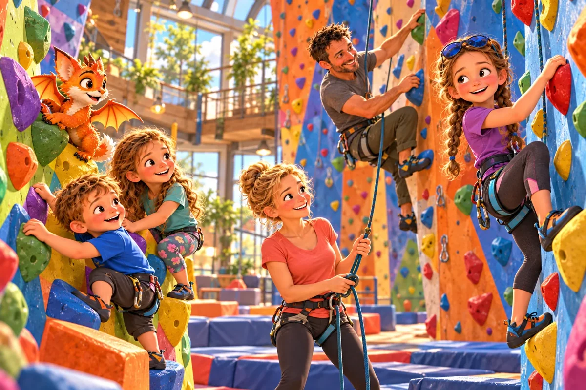La famille des Curieux découvre l’escalade sur les murs colorés d’une salle avec Harry.