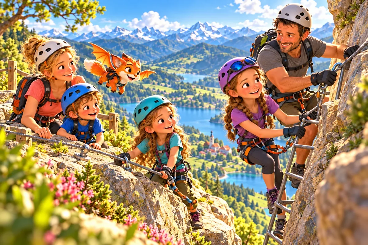 La famille des Curieux et Harry explorent un parcours de via ferrata en montagne.