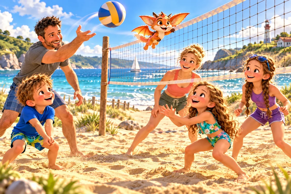 La famille des Curieux et Harry jouent au volley sur une plage ensoleillée.