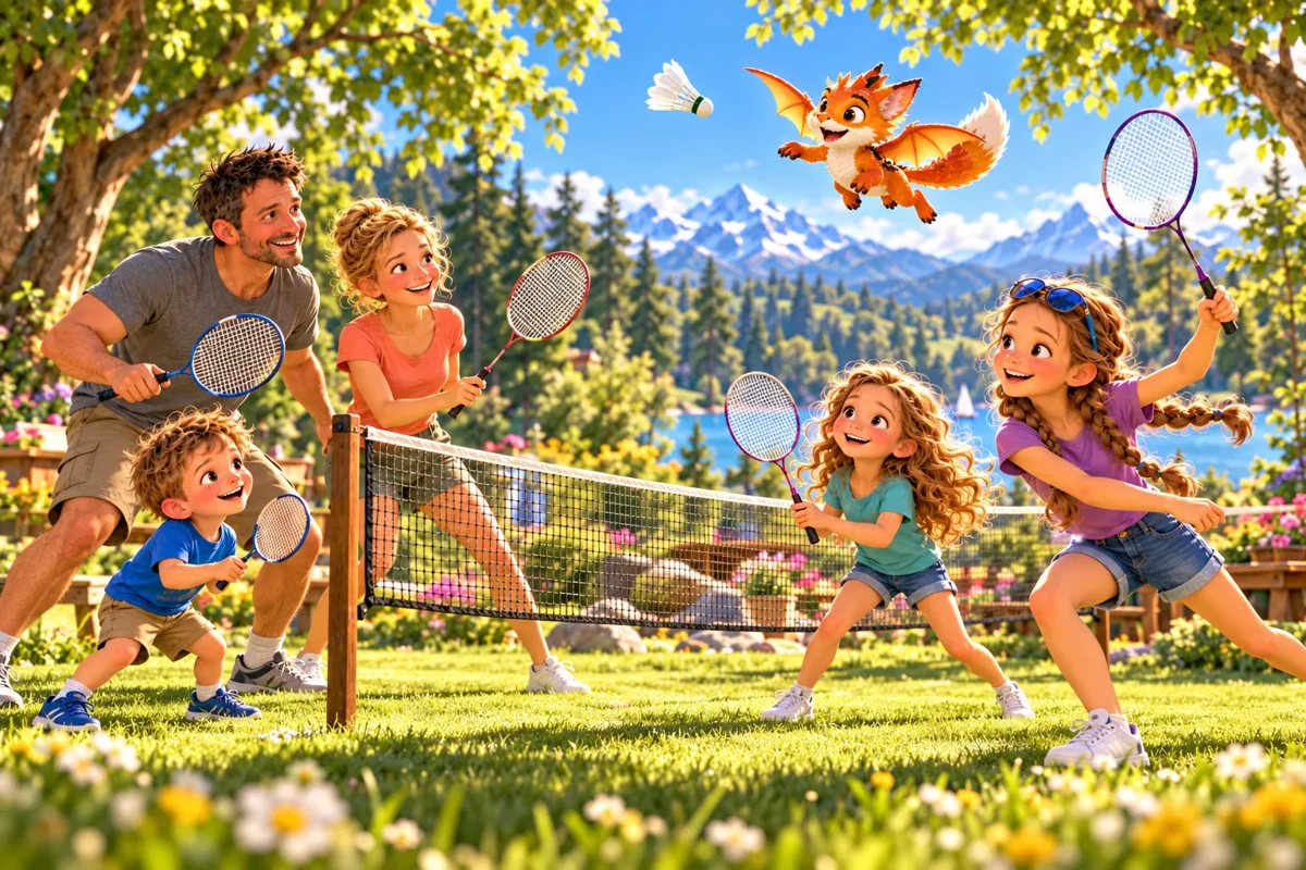 La famille des Curieux et Harry jouent au badminton dans un jardin.