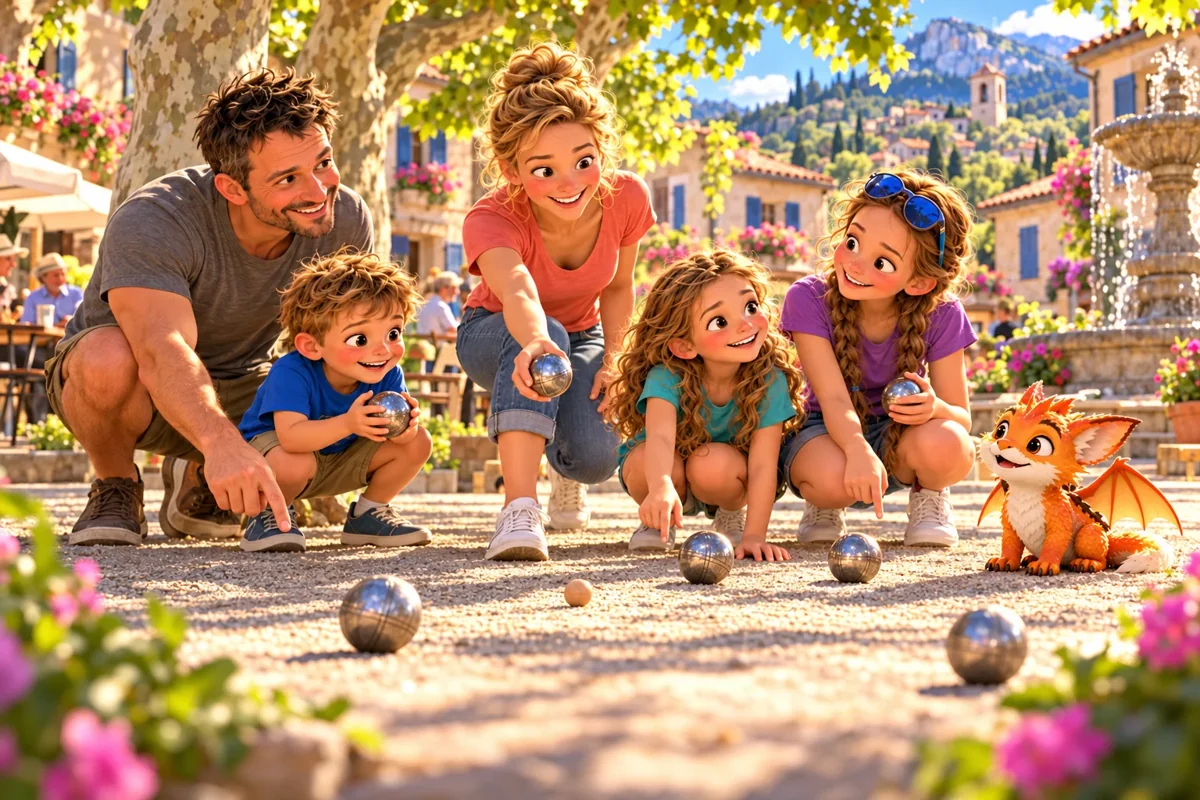 La famille des Curieux et Harry jouent à la pétanque sur une place de village.