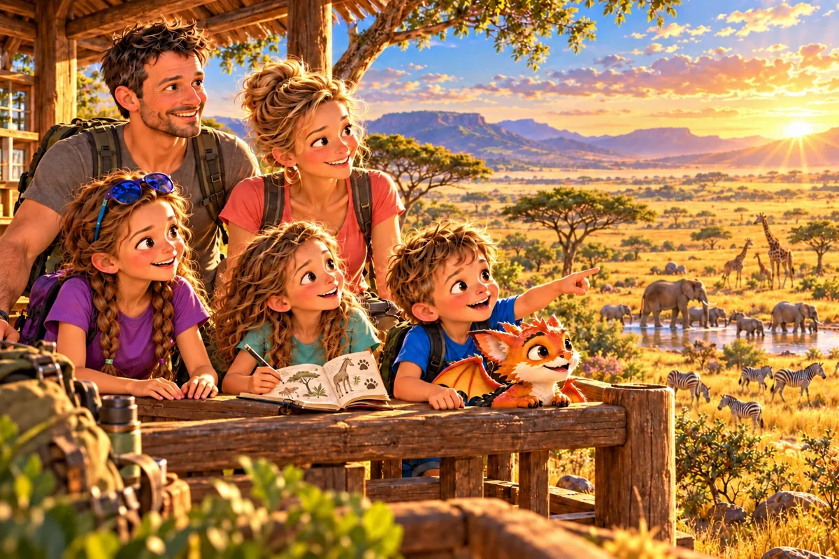 La famille des Curieux et Harry observent la savane depuis un belvédère.