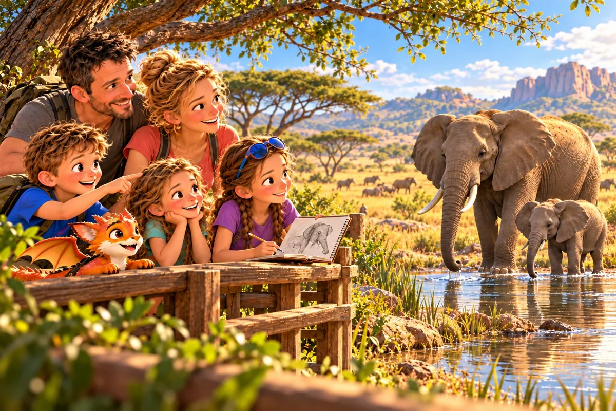 La famille et Harry regardent un éléphant et son petit au point d’eau.