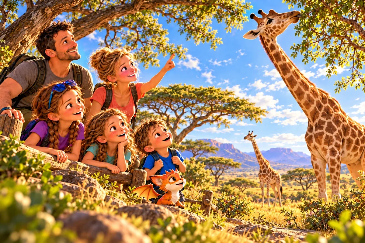 La famille lève les yeux vers une girafe qui mange des feuilles.