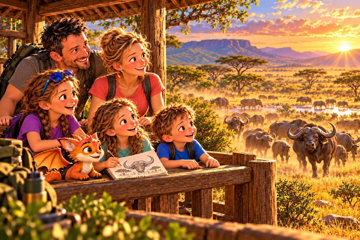 La famille et Harry observent un troupeau de buffles depuis le belvédère.