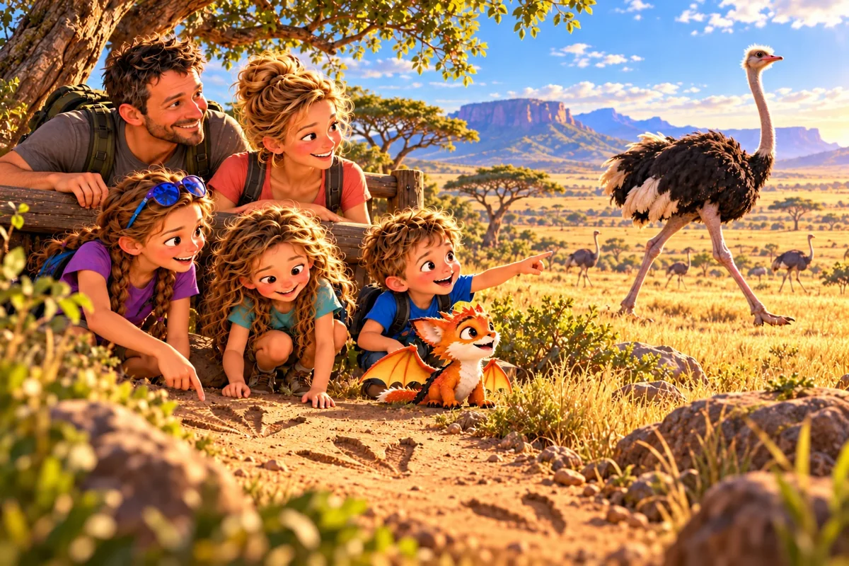 La famille et Harry suivent du regard une autruche et ses empreintes.