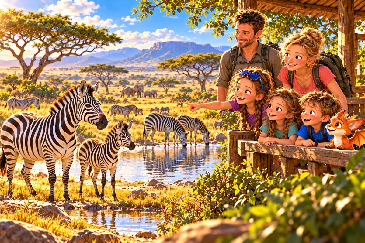 La famille regarde des zèbres et un petit près d’un point d’eau.