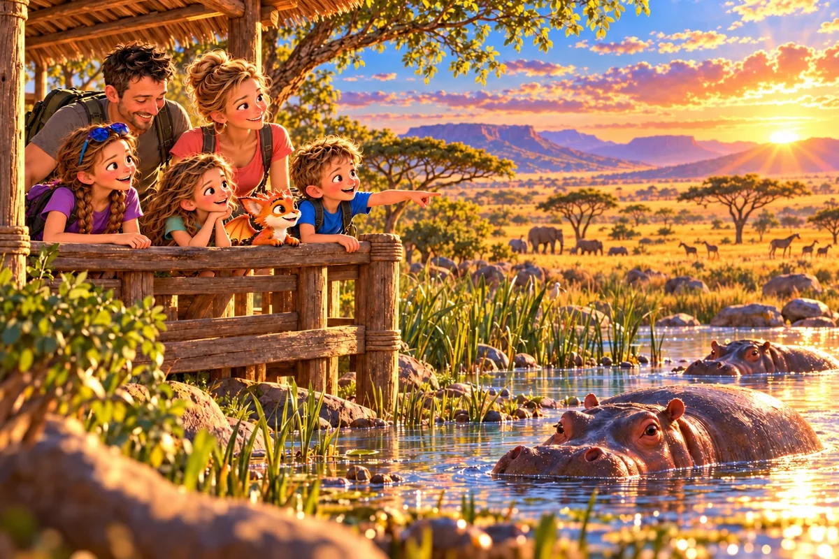 La famille et Harry observent des hippopotames dans l’eau depuis un belvédère.