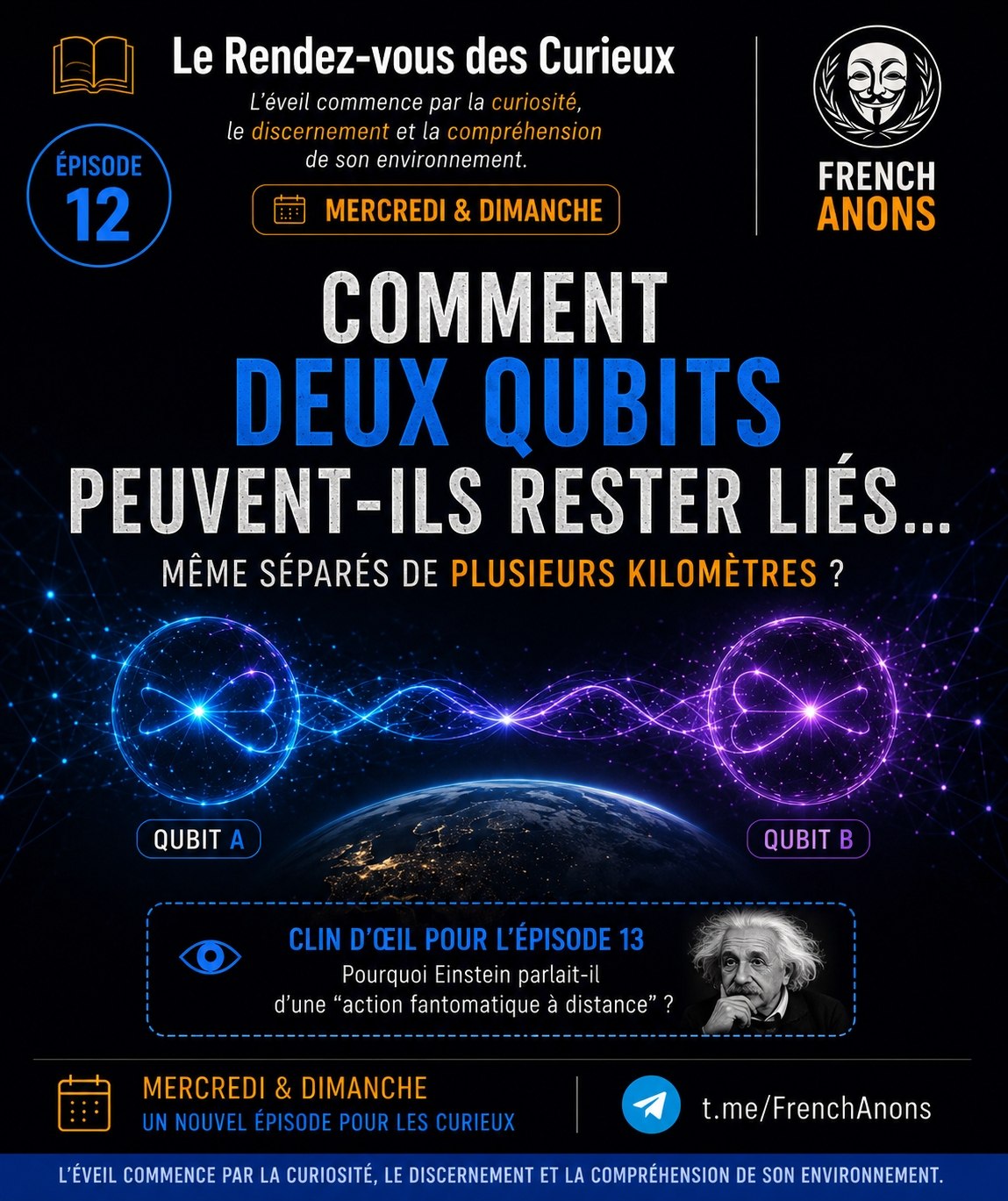 Affiche originale de l’épisode 12 : Comment deux qubits peuvent-ils rester liés… même séparés de plusieurs kilomètres ?