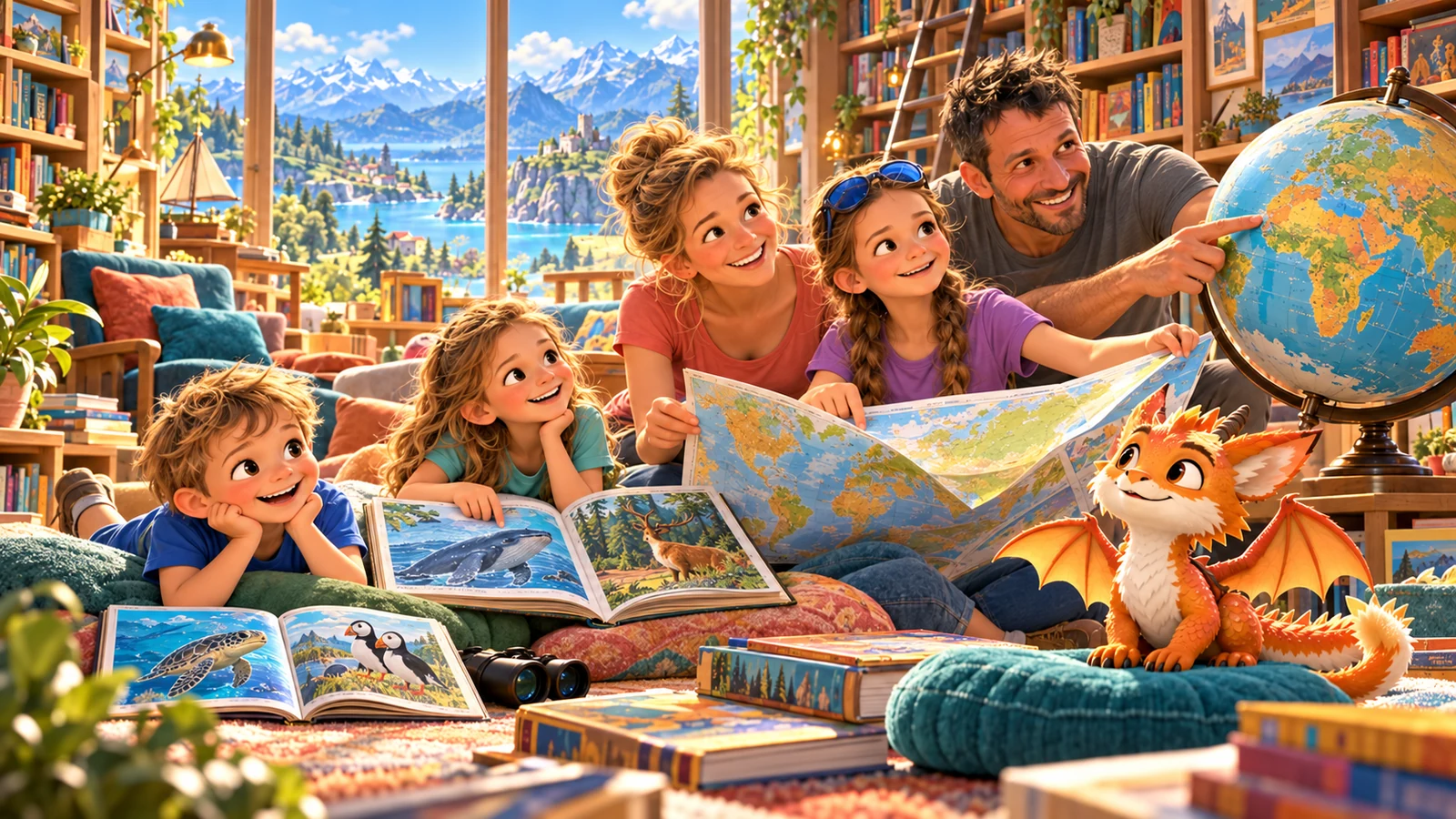 La famille et Harry explorent des livres, une carte et un globe dans une bibliothèque lumineuse.