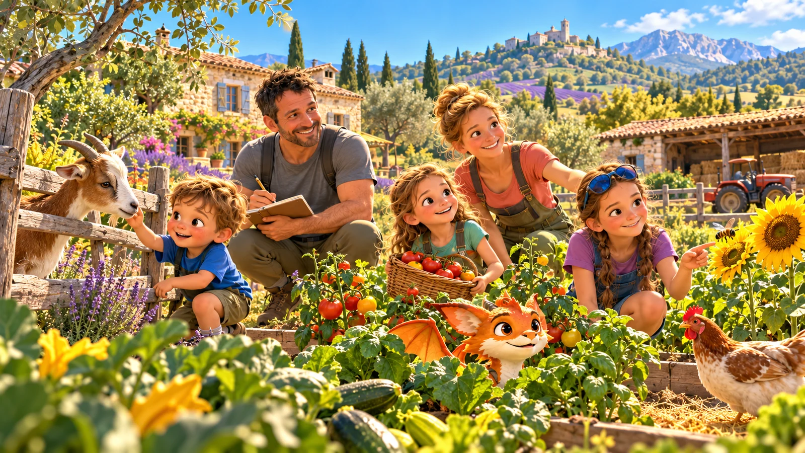 La famille et Harry observent le jardin et les animaux à la ferme.