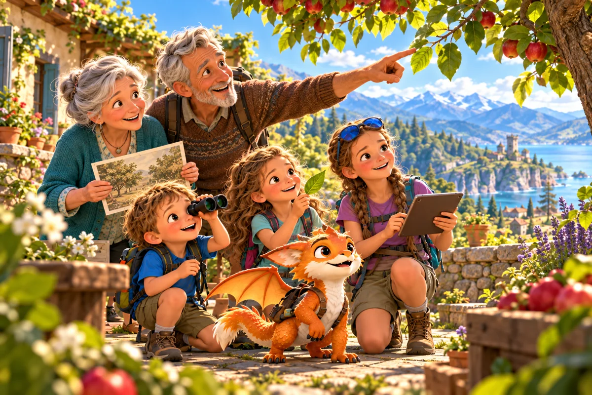 Les enfants partagent des souvenirs et des observations avec leurs grands-parents au verger
