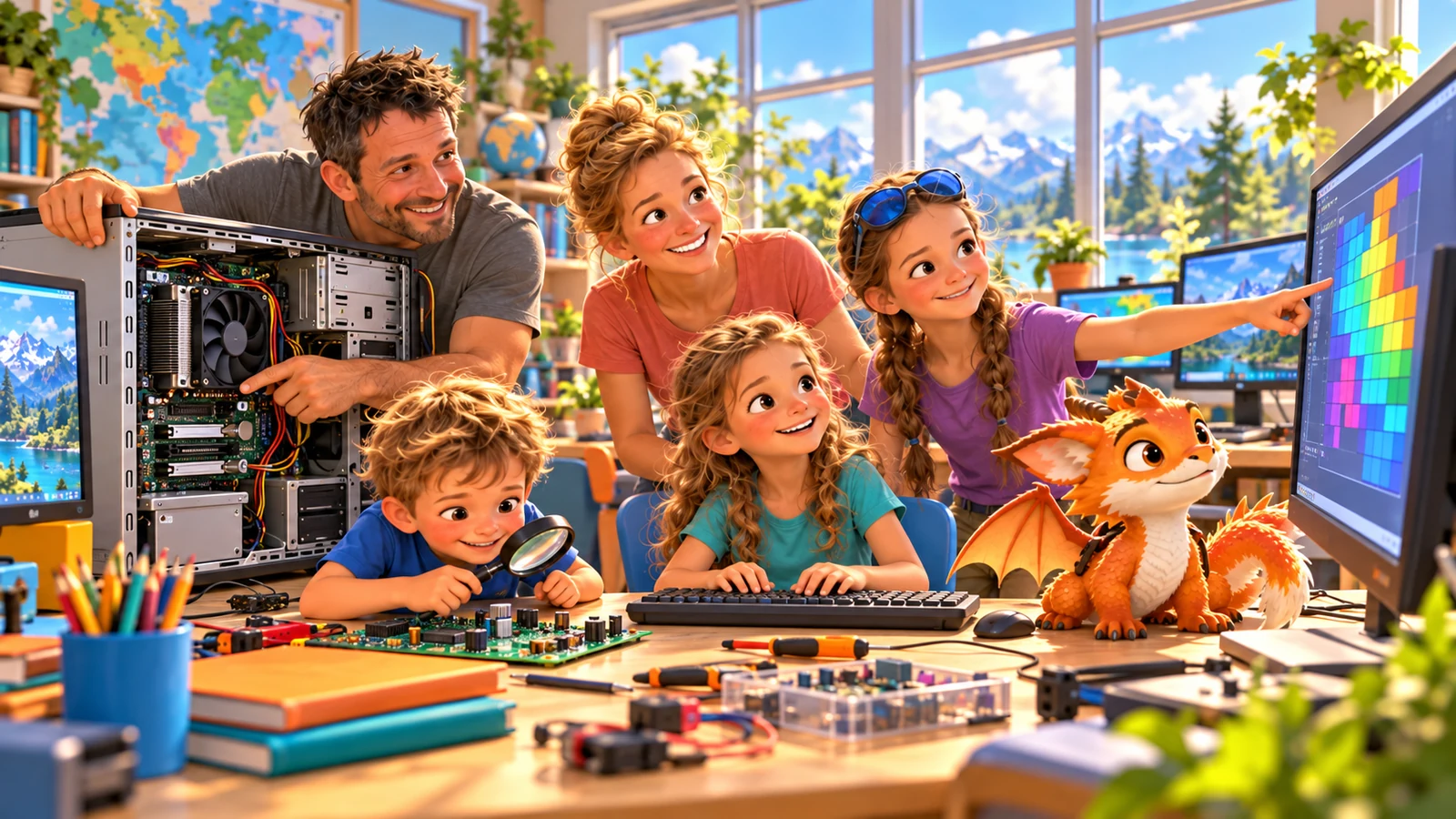 La famille et Harry observent les composants d’un ordinateur et son écran