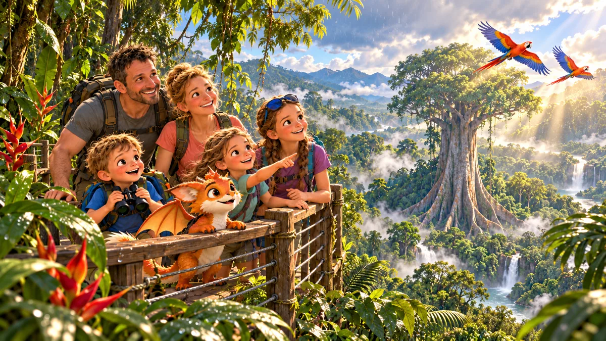 La famille et Harry explorent une jungle lumineuse, avec des aras et des cascades