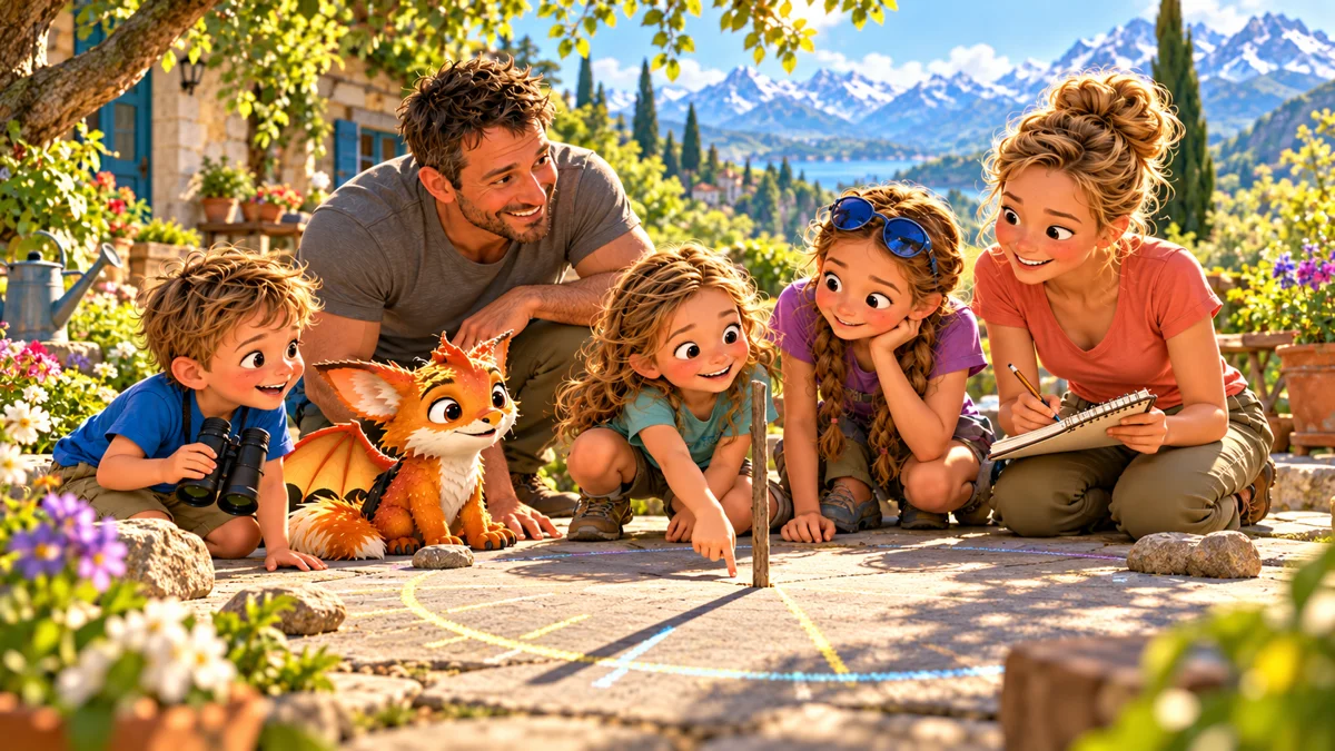 La famille des Curieux observe les ombres au jardin