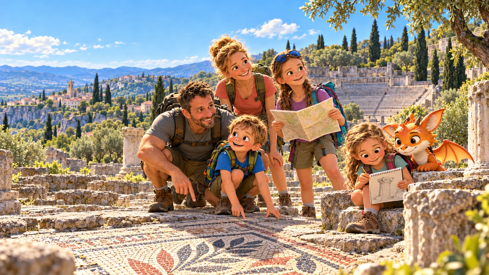 La famille et Harry découvrent une mosaïque et des vestiges à Vaison-la-Romaine